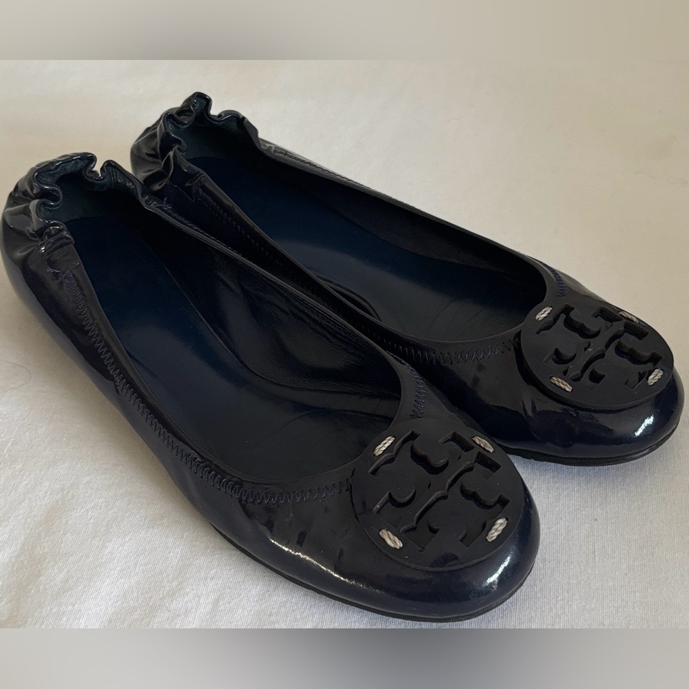 Tory Burch REVA Navy Patent Leather Ballet Flats, sz 7